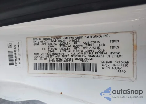 2002 Toyota Tacoma z USA, uszkodzony, nr VIN 5TEVL52N12Z087381